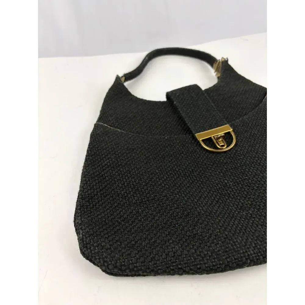 VTG 1970s Charcoal Black Tweed‎ Hobo Bag Gold Hardware Unique